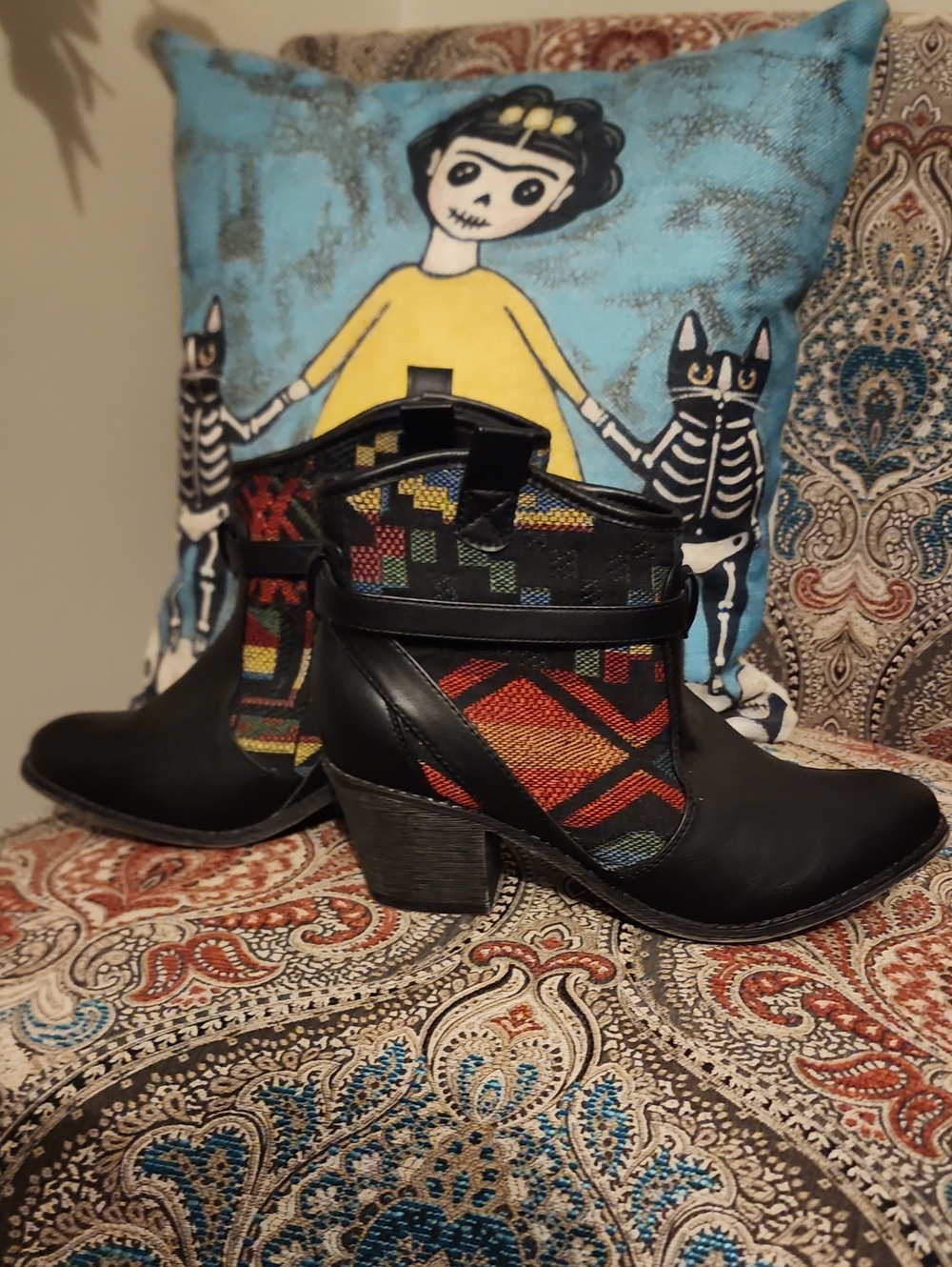 Liliana Black Ankle Booties with Red and Multicolor Woven Panels